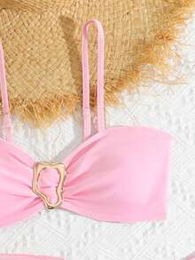 SHEIN Teen Girls Bikini Sets,Pink Mesh Knitted Strapless Top,3 Piece Bathing Suit With Sarong Skirt Triangle Pants,Elegant Summer Beach Vacation Holiday - Pink - View 3