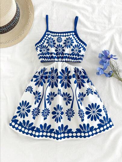 Vintaside Kids Vestido de niña joven con estampado floral vintage, con abertura en la cintura y tirantes, estilo casual y de vacaciones, adecuado para primavera/verano