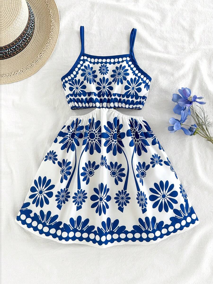 Vintaside Kids 女童复古碎花镂空吊带连衣裙，休闲度假风，适合春夏穿着 - 藍色 - 查看 1