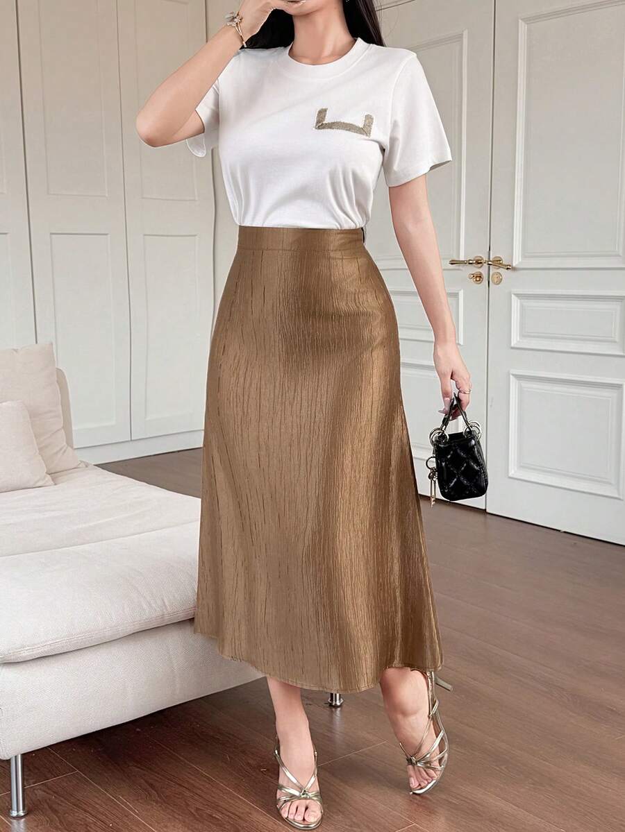 DAZY Bộ đồ nữ thanh lịch gồm áo thun và chân váy phối màu tương phản, kiểu dáng patchwork, thích hợp cho mùa hè, tiệc cưới, hoặc mặc nhà. - Vàng - Xem 1