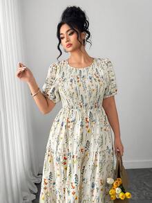 Elenzga Große Größen Damen Kurzarm Kleid mit Blume Muster, elastischer Taille und gestuftem A-Linie Schnitt, eleganter Urlaubsstil, geeignet für Frühling/Sommer - Aprikosenfarben - Übersicht 7