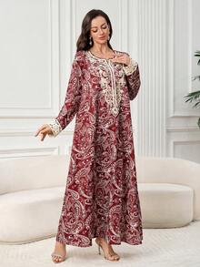 Al Najma 女士优雅佩斯利印花宽松阿拉伯风格连衣裙，秋季 - 彩色 - 查看 3