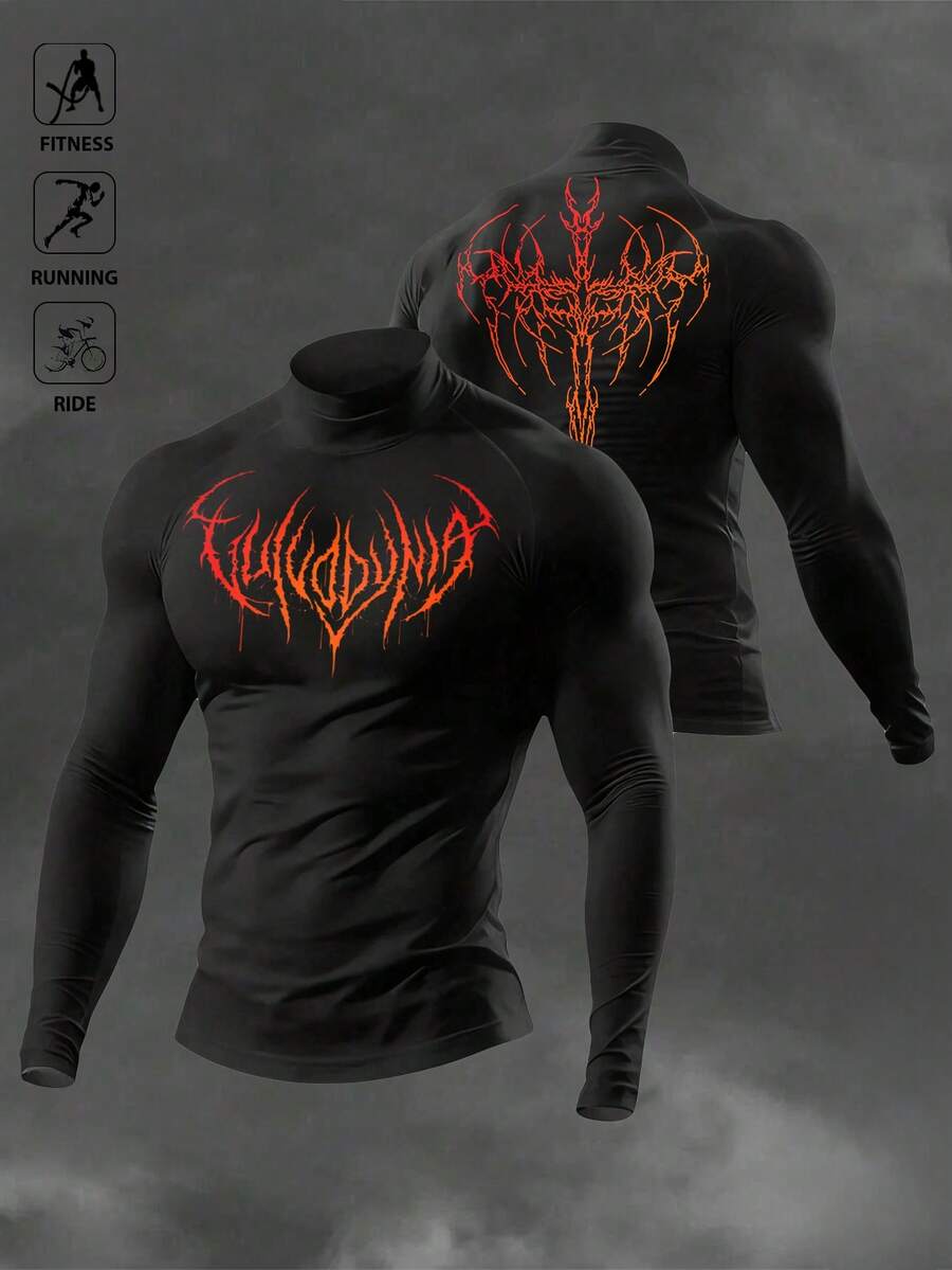 Manfinity EMRG Men's Gothic Print Raglan Long Sleeve High Neck Sports T-Shirt Men's Compression Tops Rash Guard Compression Long Sleeve Turtle Neck Compression Shirt Compression Top Compression Shirt Men - Black - View 1