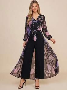 Amorya 女士V领长袖收腰灯笼袖印花针织弹力直筒裤，优雅日常连体裤，秋冬款 - 彩色 - 查看 8