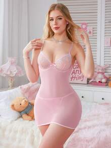 SHEIN 2pcs Mesh Contrast Lace Lingerie Set With Underwire For Women - Pink - View 4