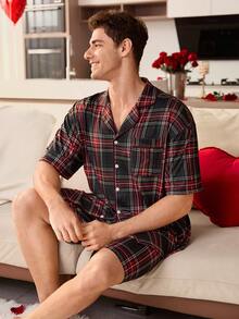 CoupledUp 2pcs Men Casual Plaid Print Short Sleeve Shirt And Shorts Pajama Set Women's Pajama Set Men's Sleepwear Plaid Pajama Set Couple Matching Pajamas Set Pajama Sets - Multicolor - View 5