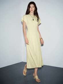 Lumivelle Women's Textured Batwing Sleeve Dress, Suitable For Commuting And Vacation, Summer - Yellow - View 5