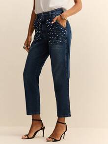 Daynim Jeans con bolsillos en diagonal con cuentas de perlas falsas - Azul lavado medio - Ver 4