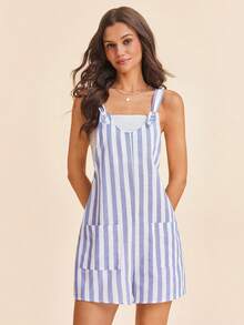 Coeurva 女士春夏度假装扮，女士休闲条纹印花无袖连体裤，带口袋，适合春夏通勤；女士夏季沙滩度假无肩带宽松白蓝条纹双口袋V领短款连体裤；女士夏季优雅装扮；柔软舒适面料连体裤，带口袋；女士夏季连体裤；女士短款套装；女士度假连体裤；女士背带裤 - 藍白色 - 查看 8