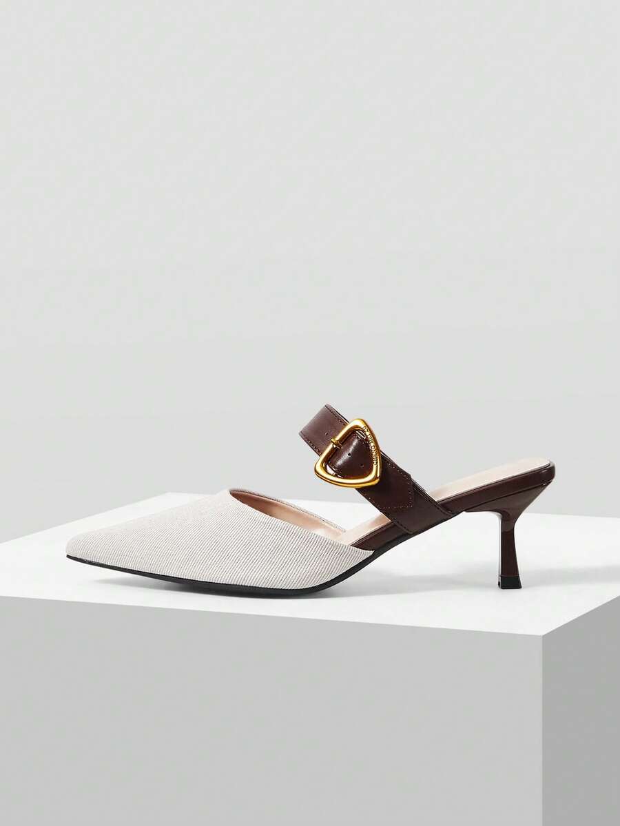 Mnmlis Ladies Sexy Pointed Toe Buckle Contrasting Color Stiletto Word With Commuter Women's High Heel Shoes Valentine's Day - Coffee Brown - View 1