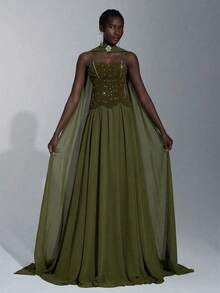Elitara Elegant Luxurious Handmade Rhinestone Decor Strapless Flowy Patchwork Elastic Knit & Chiffon Maxi Dress For Weddings,Events,Galas,Formal Occasions - Army Green - View 6