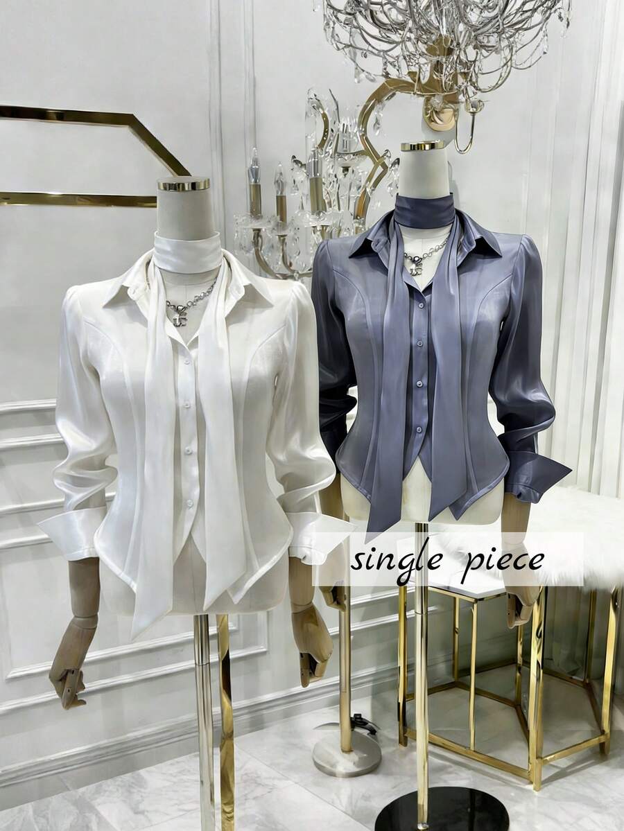 Franclia Silk-Like Fabric Sexy Cinched Waist Blouse With Tie Straps, Suitable For Casual Outings Or Light Office Wear, Spring/Summer - White - View 1