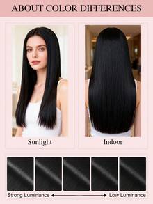 蝴蝶结发片，真人发，无胶OVO PU孔，手工编织，隐形DIY双层发片，直发，1片装，16英寸，自然黑 - Natural Black - 查看 15