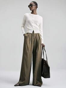 Ontre 2026SS New Women's Striped Pants, Woven Fabric, Business Casual Minimalist Commuter Style, Spring/Summer - Army Green - View 2