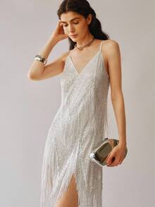Uhlyne Petite Women's Spaghetti Strap Sequin V-Neck Tassel Hem Dress - White - View 6