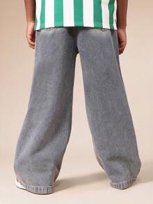 Quần jean ống rộng SUMWON cho bé trai, kiểu dáng kéo lên, cạp chun co giãn và hiệu ứng giặt chuyển màu, thích hợp mặc hàng ngày hoặc đi nghỉ mát. - Rửa trung bình - Xem 2