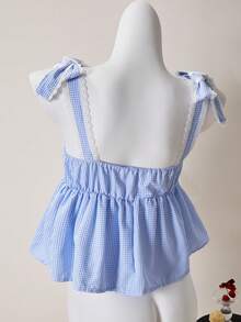 Reset Phase 少女休闲日常时尚蓝白格子荷叶边衬衫，配蝴蝶结肩带，适合外出和日常穿着 - 白色 - 查看 2