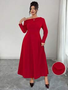 Elenzga Plus Size Red Autumn Elegant Satin Formal Soft Knit Asymmetric Shoulder Asymmetrical Hem Turtleneck Long Sleeve Waist Fit A-Line Dress For Parties - Red - View 6