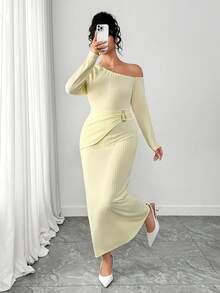 Elenzga Đầm dài nữ cỡ lớn, màu trơn, kiểu dáng bất đối xứng, vai lệch. - Màu vàng - Xem 5
