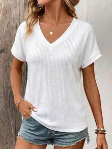 EMERY ROSE Women's Solid Color V-Neck Short Sleeve Casual Basic Ribbed T-Shirt Travel White Summer - White - View 4