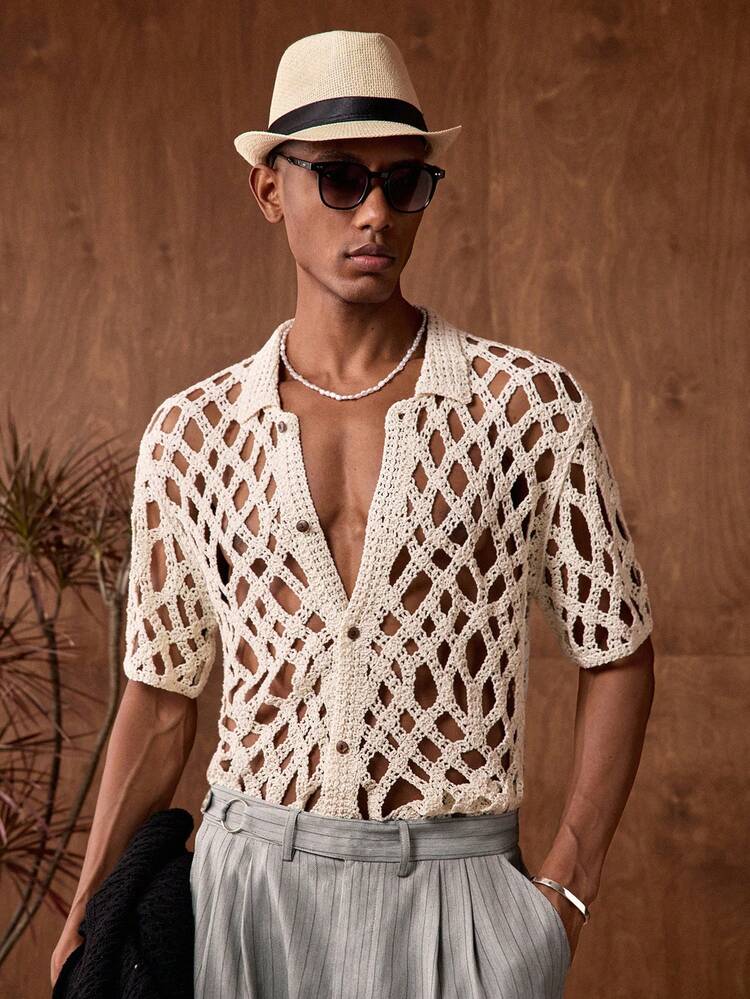 Men's Vacation Casual Solid Color Hollow-Out Knit Sweater Men See Through Shirt Men's Resort Wear Fishnet Shirt Men Men Crochet Top Open Knit Shirt Men Men's Resort Wear