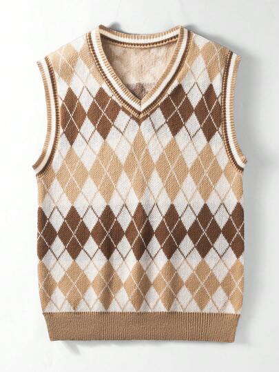 Chillumni Men's Casual Diamond Knit Vest, Spring/Autumn Sleeveless Sweater Knitted Vest Brown Sweater Vest Argyle Vest Sweater Vest