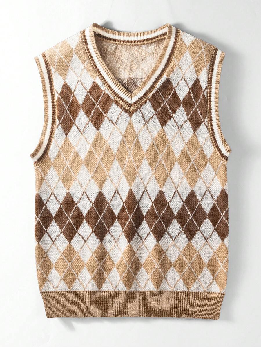 Chillumni Men's Casual Diamond Knit Vest, Spring/Autumn Sleeveless Sweater Knitted Vest Brown Sweater Vest Argyle Vest Sweater Vest - Multicolor - View 1