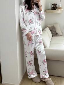 两件套女童优雅白色碎花印花翻领开衫和休闲裤舒适家居服