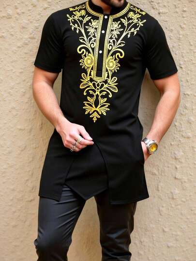 Manfinity RSRT Men's Printed Short Sleeve Shirt, Gift For Boyfriend, Old Money,Daily Leisure, Weekend Trips, Outdoor Activities, Travel Expeditions, Relaxed Work Environments Or Semi-Formal Occasions, Boyfriend/Husband Gift, Anniversary /Birthday Gift Party Summer Vacation Holiday New Years Wedding,Gorgeous Party, Middle Eastern Style