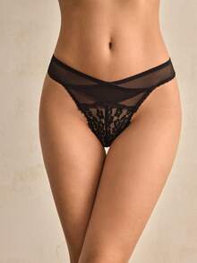 Charlaine Quần lót nữ ren hoa đen, ren lông mi, đan chéo, cạp thấp, hơi xuyên thấu, thoải mái, giản dị, lãng mạn, thư giãn, dễ chịu. - màu đen - Xem 5