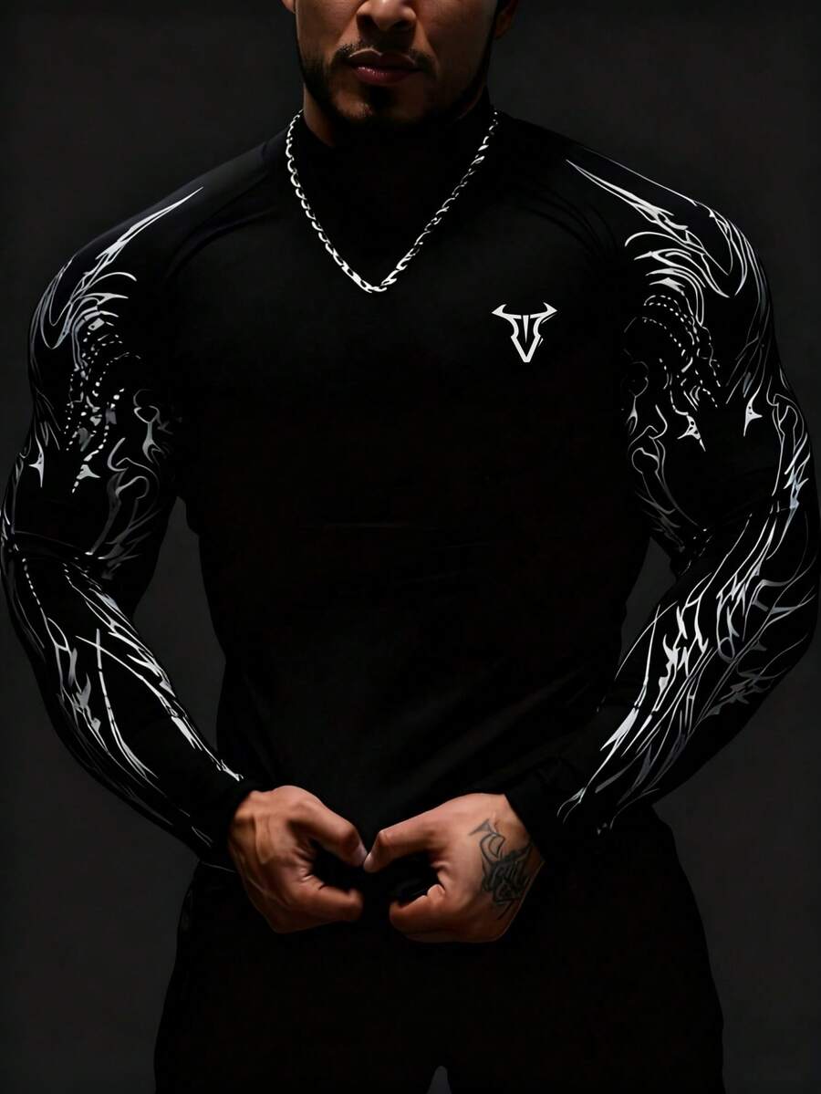 RISE LYT Áo thun dài tay in hình bò tót dành cho nam, thích hợp cho tập luyện thể thao, tập luyện, áo nén thể thao. - màu đen - Xem 1