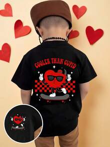 SHEIN Explorewe Áo thun ngắn tay tay thoải mái dành cho bé trai nhân dịp Lễ Tình nhân, phong cách thường ngày, thời trang, sáng tạo, cá tính, tỉ mỉ, họa tiết máy xúc đơn giản, hình trái tim, khẩu hiệu kinh điển, họa tiết in, kiểu dáng cơ bản thường ngày, thoải mái, mang không khí Lễ Tình nhân, phù hợp cho bé trai trong ngày Valentine, phong cách Ba Lan, áo mặc ngoài trời. - màu đen - Xem 3