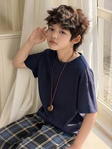 DAZY 男童纯色圆领短袖上衣和格子裤睡衣套装，春夏款 - 藏蓝色 - 查看 5