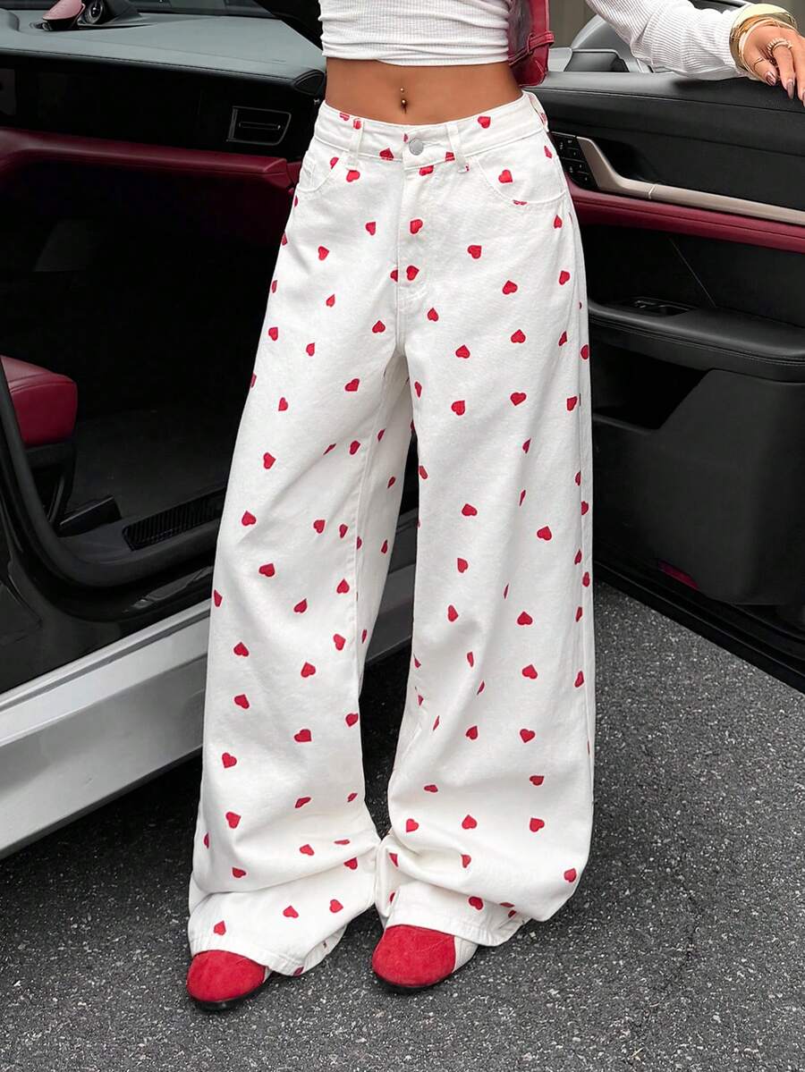 Muchica Women's Flared Jeans With Heart-Patterned Buttons On The Pockets; Casual And Versatile, Suitable For Commuting. Valentine's Day Outfit: Red Heart-Patterned Jeans. - White - View 1