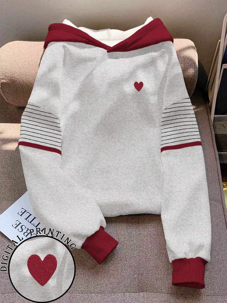 Resyla Women's Striped Heart Print Long Sleeve Casual Loose Sweatshirt Sweatshirt