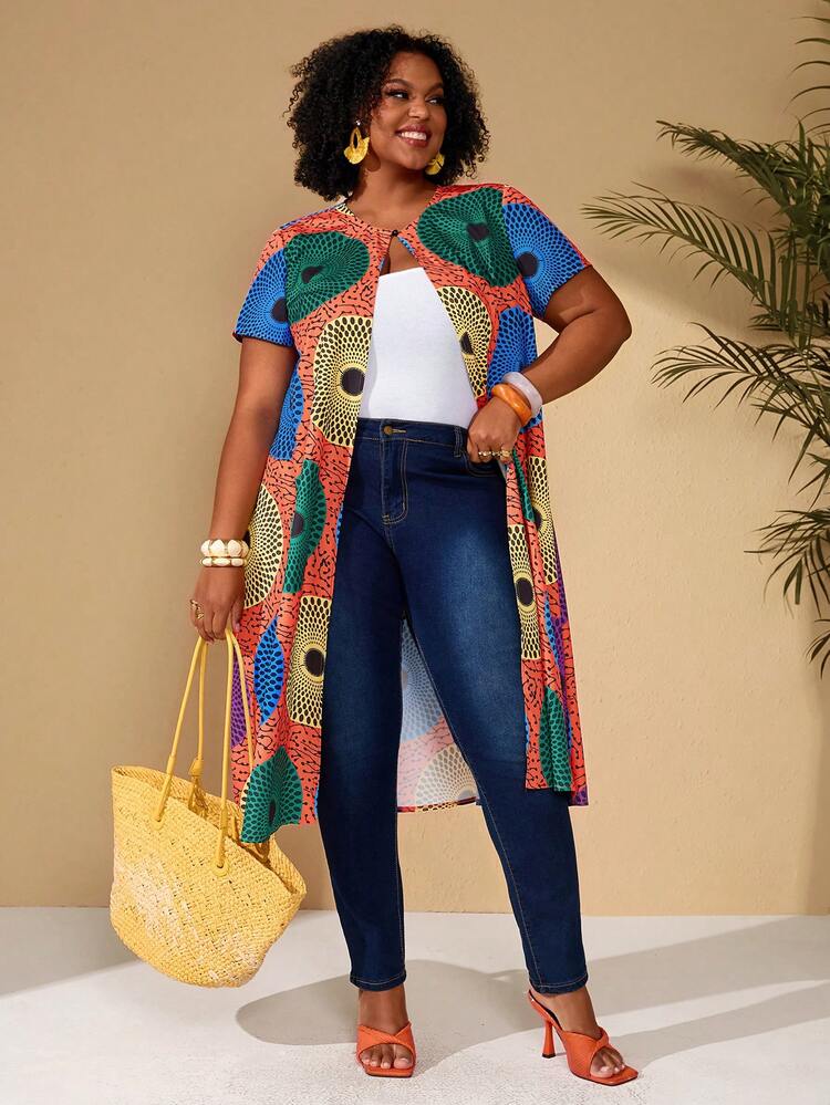 Plus Size Women Geometric Print Short Sleeve Single-Breasted Long Coat For Summer/ Vacation Spring Beach Vacation Bohemian