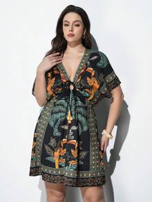 Maija 大码热带印花休闲度假连衣裙 - 黑色 - 查看 3