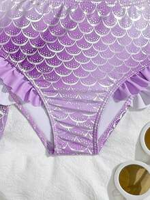 SHEIN Young Girl Mermaid Scale Print Ruffle Trim Bikini With Beach Skirt - Multicolor - View 5