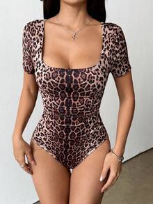 Flirla Women's Casual Leopard Print Square Neck Short Sleeve Bodysuit, Spring/Summer - Multicolor - View 3