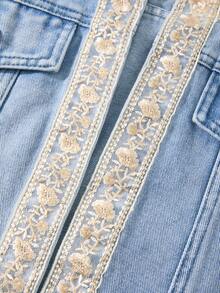 GlowEve Women's Floral Embroidered Long Sleeve Open Front Casual Denim Jacket - Blue - View 7