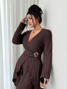 Elenzga Bộ đồ nữ cỡ lớn gồm áo tay dài và quần dài, kiểu dáng thanh lịch, trang trí kim loại, thích hợp cho mùa Thu/Đông. - màu nâu - Xem 4