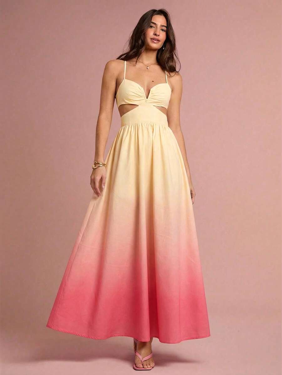 Enchnt Women's Ombre Spaghetti Strap Hollow Out Gradient Sleeveless Fashion Dress - Yellow - View 1