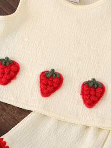 Elladie kids 春夏新款草莓刺绣吊带背心搭配同款弧形纹理红色背心短裤，可爱休闲度假套装 - 杏色 - 查看 8