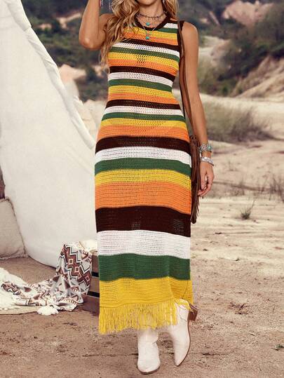 SHEIN LilyWest Women's Bohemian Style Vacation Knit Dress, Colorblock Striped Fringe Hollow Out Beach Dress