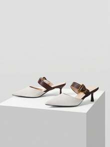 Mnmlis Ladies Sexy Pointed Toe Buckle Contrasting Color Stiletto Word With Commuter Women's High Heel Shoes Valentine's Day - Coffee Brown - View 2