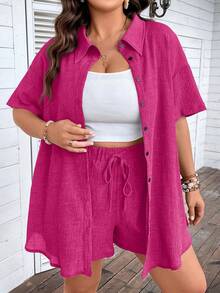 EMERY ROSE 大码女式纯色落肩短袖单排扣衬衫和系带腰短裤休闲两件套 - 玫紅色 - 查看 4