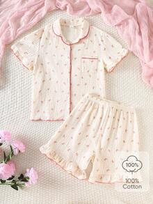 两件套少女荷叶边开衫短裤套装，蝴蝶印花，杏色，舒适面料，甜美夏日家居服 - 杏色 - 查看 1