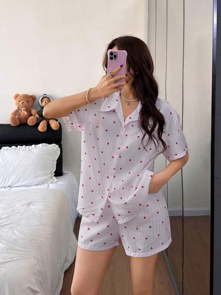 SHEIN Napfluff 条纹爱心领开襟荷叶边女士短袖睡衣套装 - 淺粉色 - 查看 1