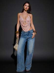 SHEIN BAE 女士露背亮片装饰吊带背心，适合鸡尾酒会、音乐节、聚会、派对、万圣节、圣诞节等场合。 - 粉色 - 查看 3