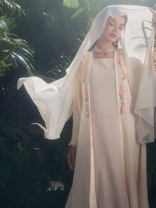 Al Najma Apricot & Pink Floral Trim Arabic Abaya With Headscarf